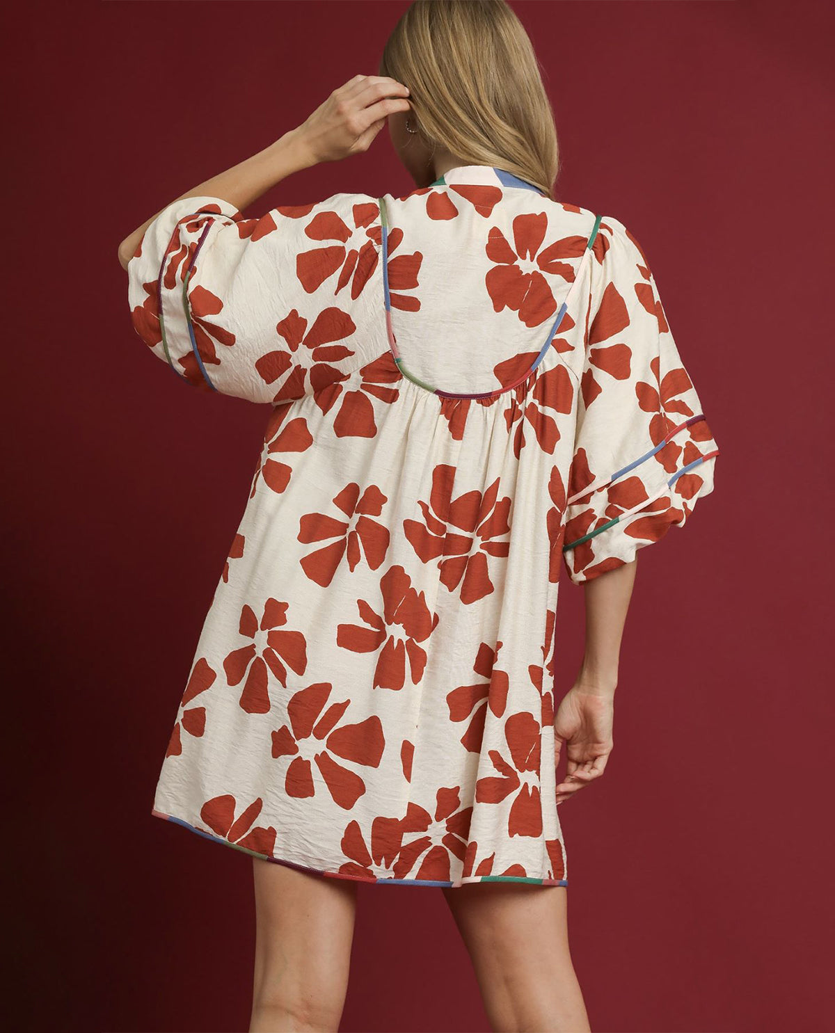 Two Tone Floral Tie Neck Babydoll Dress