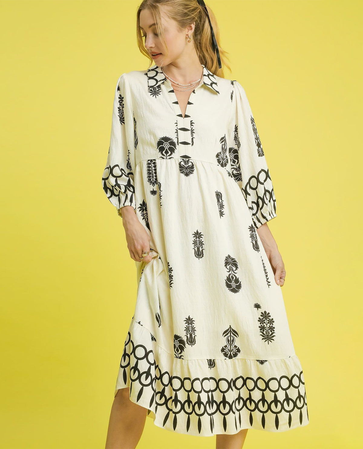 Boho Border Print Tiered Dress with Puff Sleeves