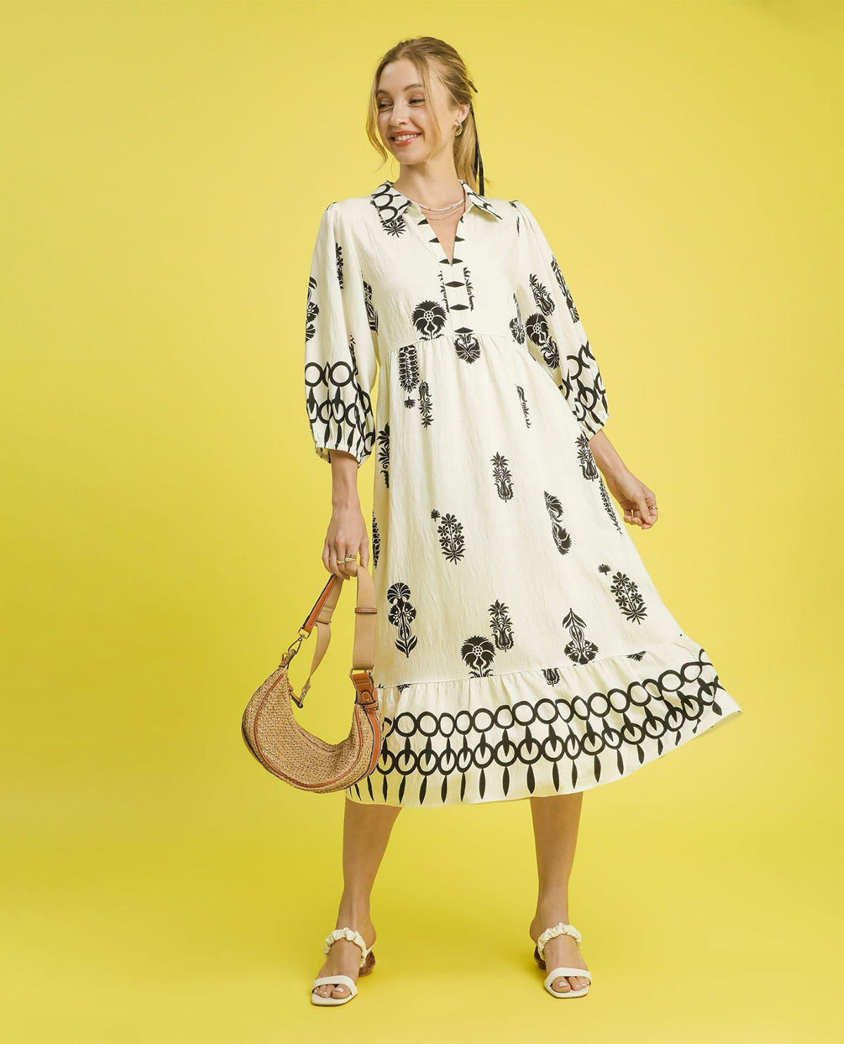 Boho Border Print Tiered Dress with Puff Sleeves