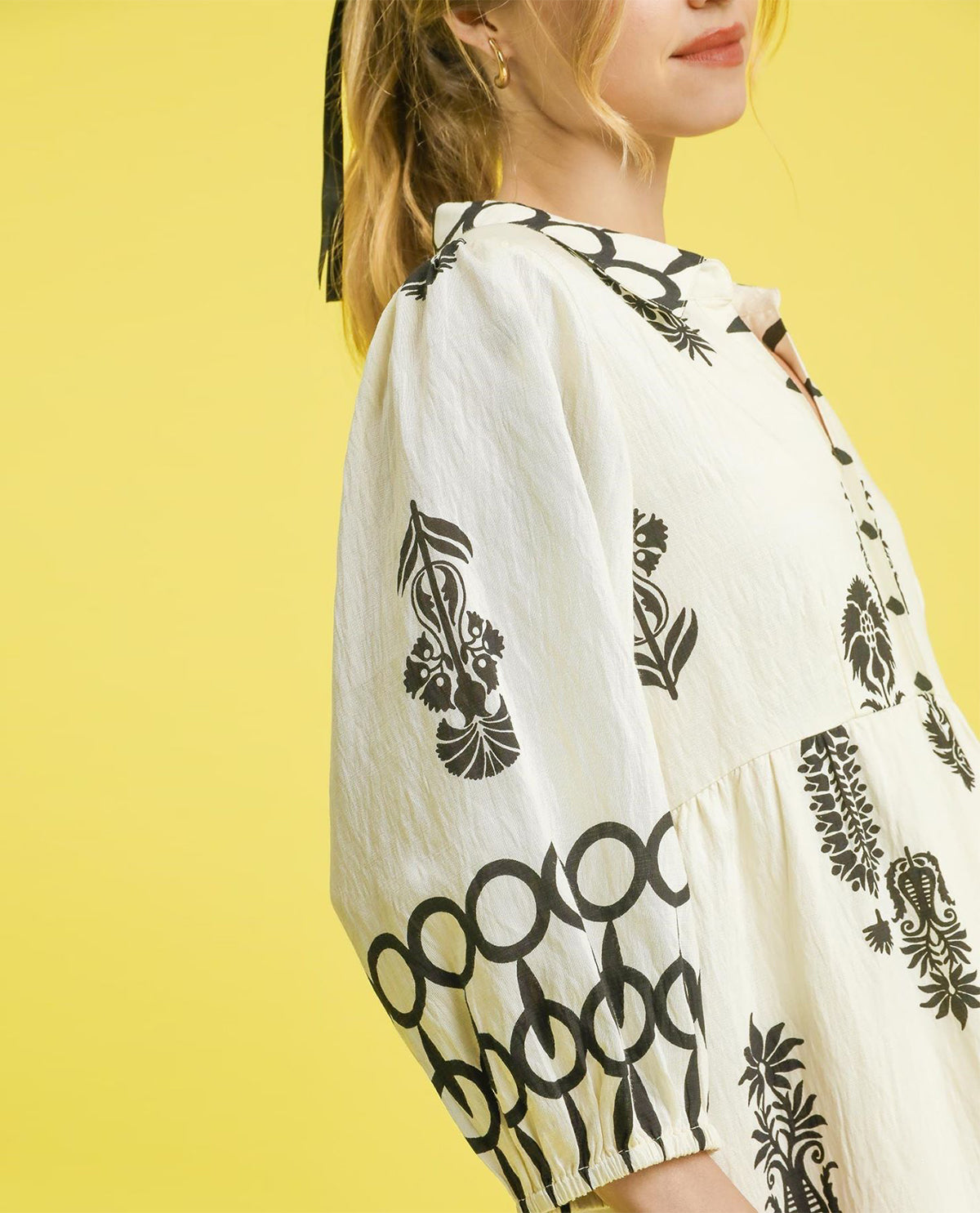 Boho Border Print Tiered Dress with Puff Sleeves