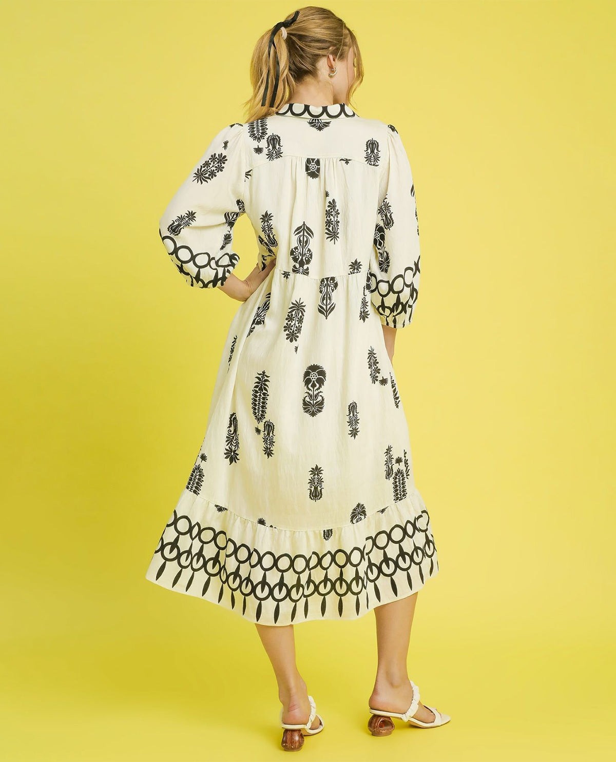 Boho Border Print Tiered Dress with Puff Sleeves