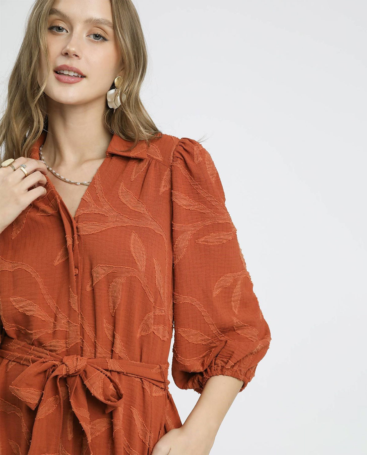 Textured Jacquard Midi Dress with Tie Waist and 3/4 Sleeves