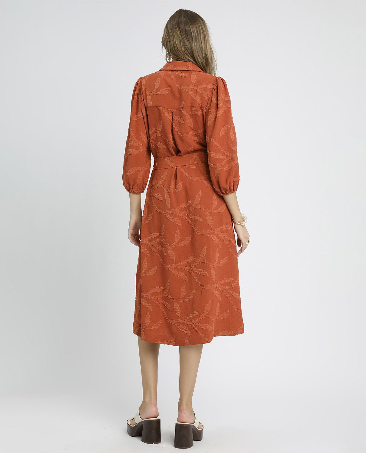 Textured Jacquard Midi Dress with Tie Waist and 3/4 Sleeves