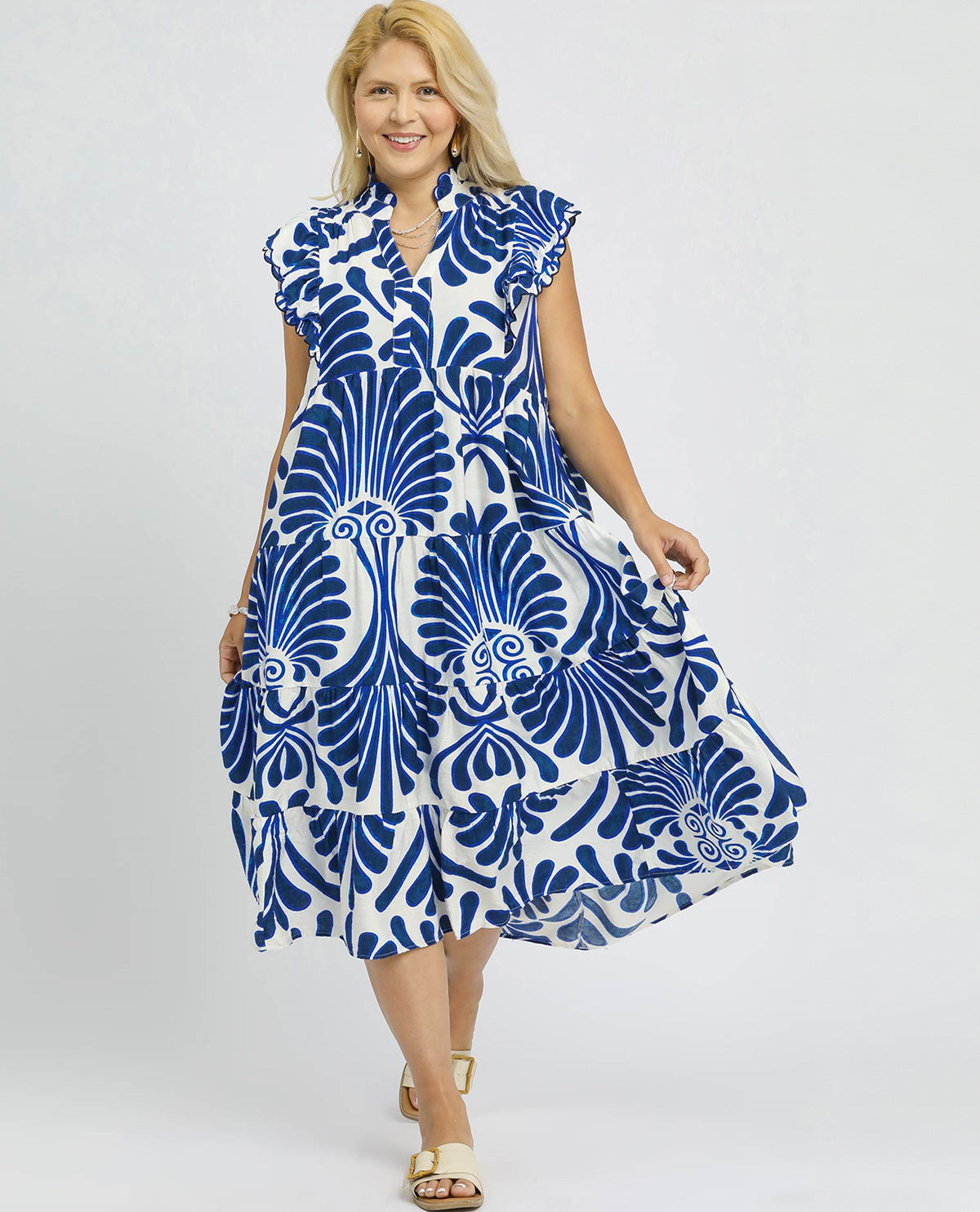 Umgee Plus Blue and White Design Tiered Maxi Dress