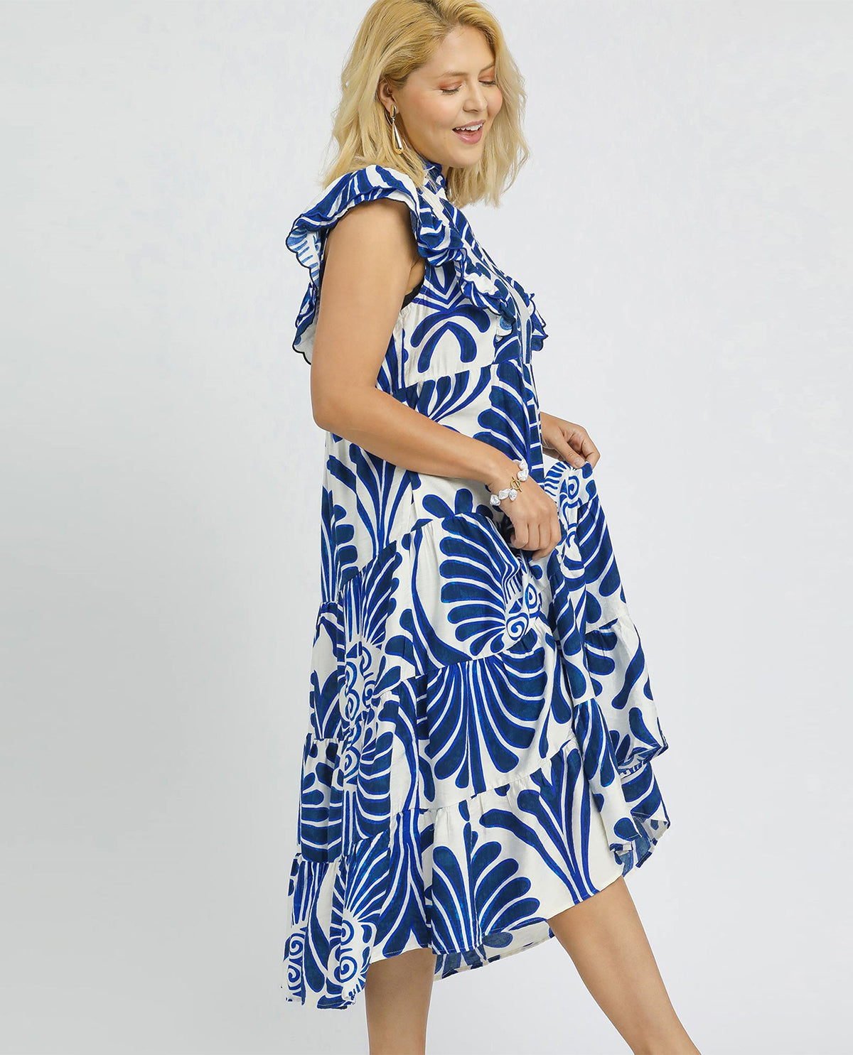 Umgee Plus Blue and White Design Tiered Maxi Dress