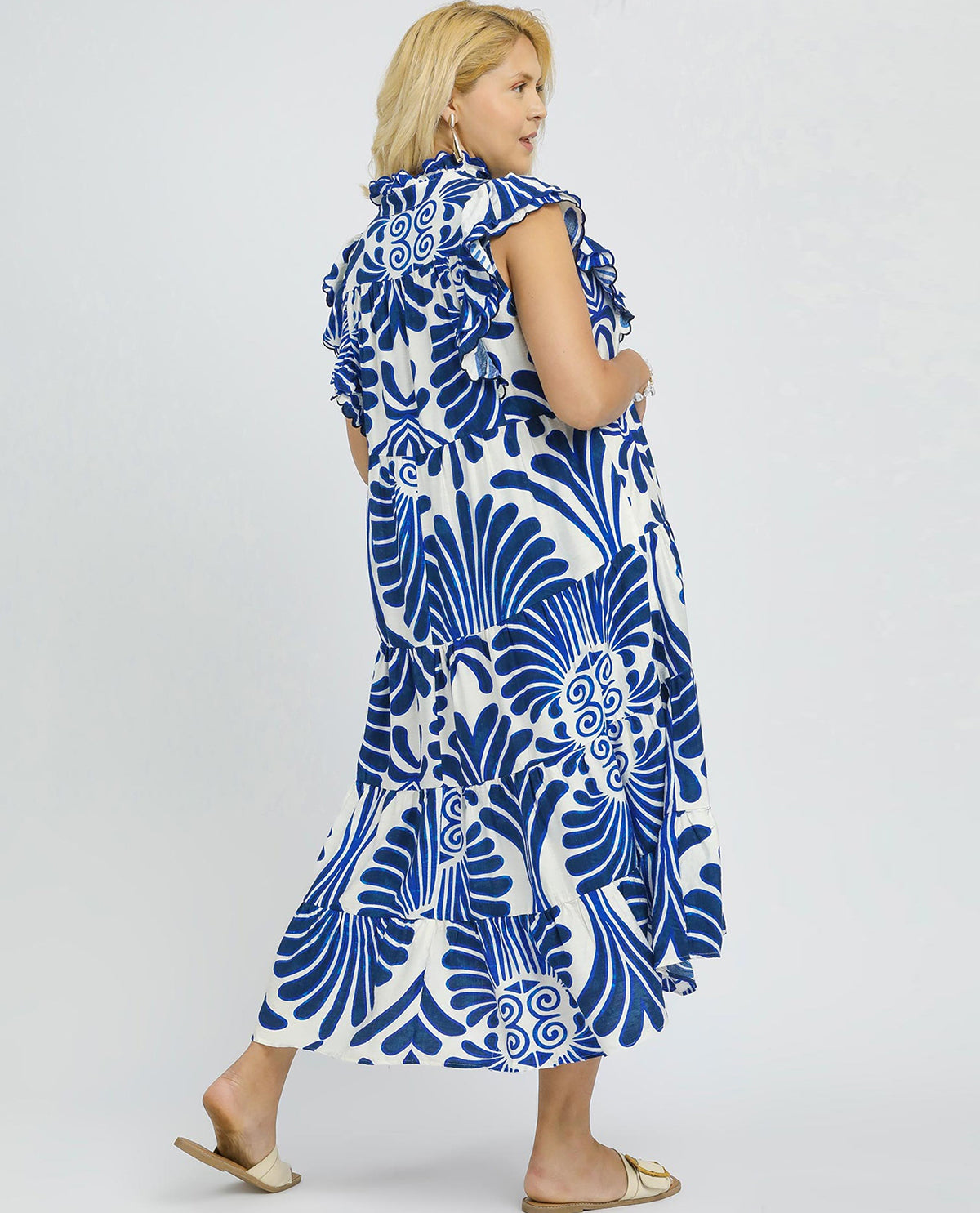 Umgee Plus Blue and White Design Tiered Maxi Dress