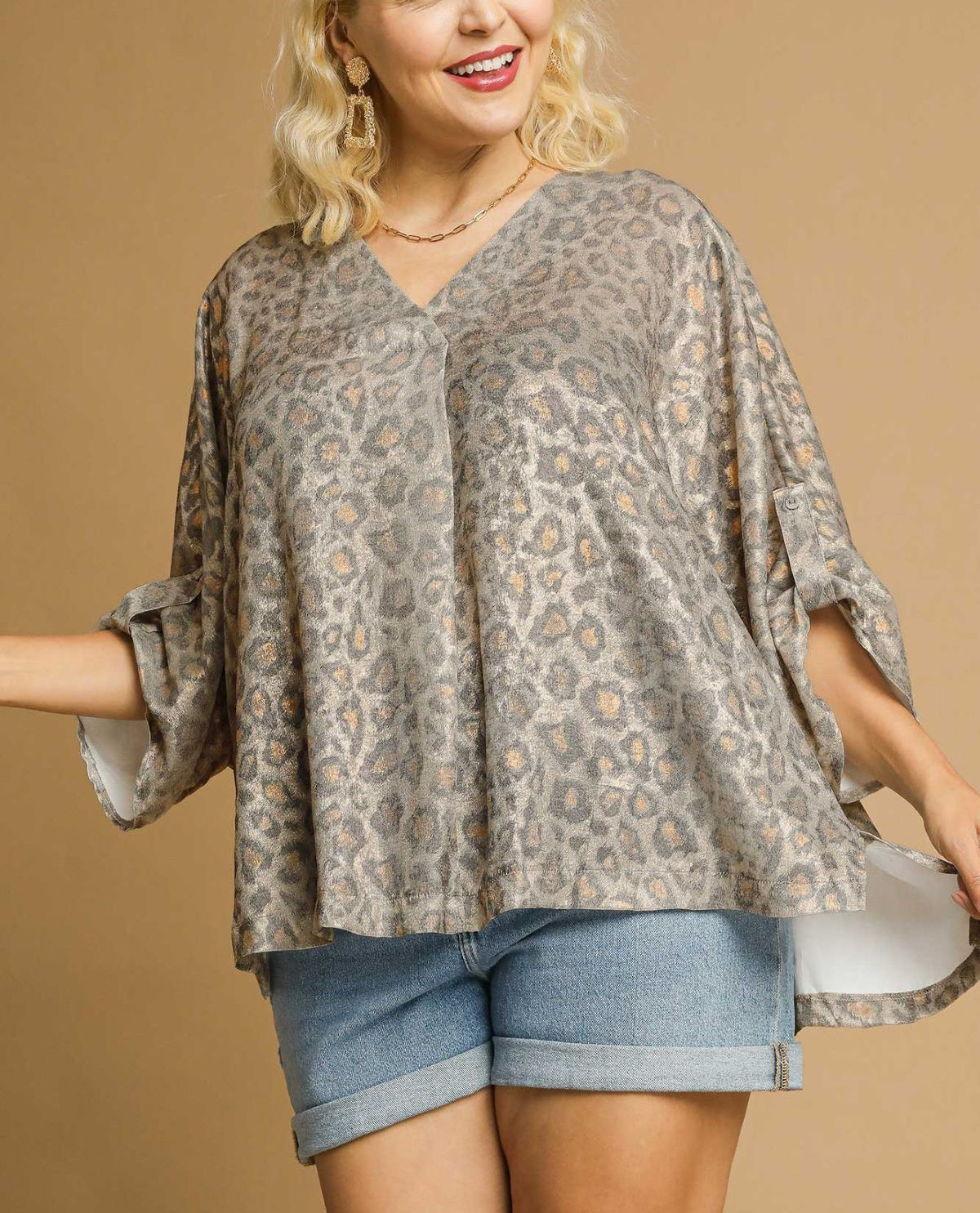 Plus Metallic Animal Print Top with Dolman Sleeves