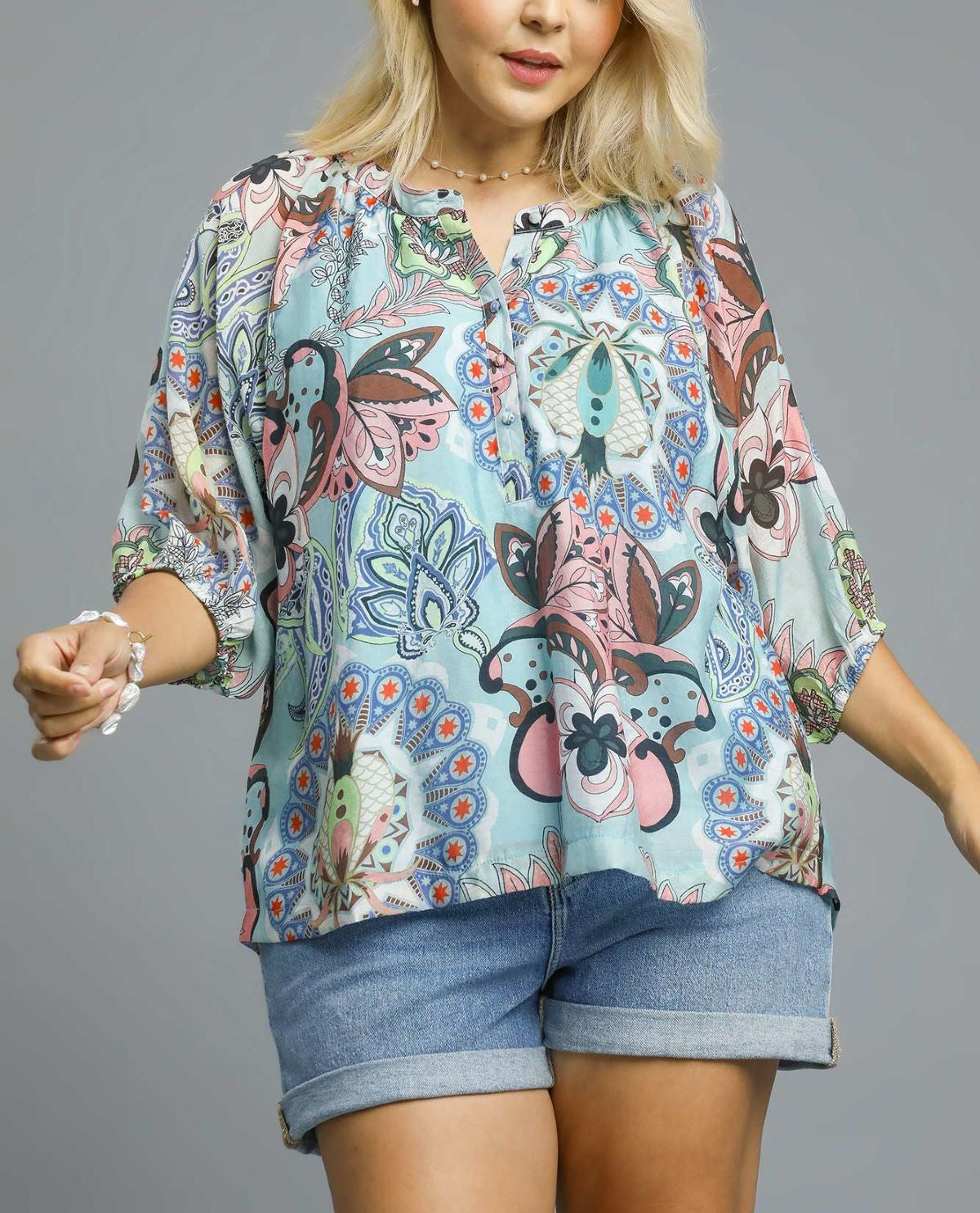 Plus Multi Paisley Floral Print Top with 3/4 Sleeves and Splitt Neckline