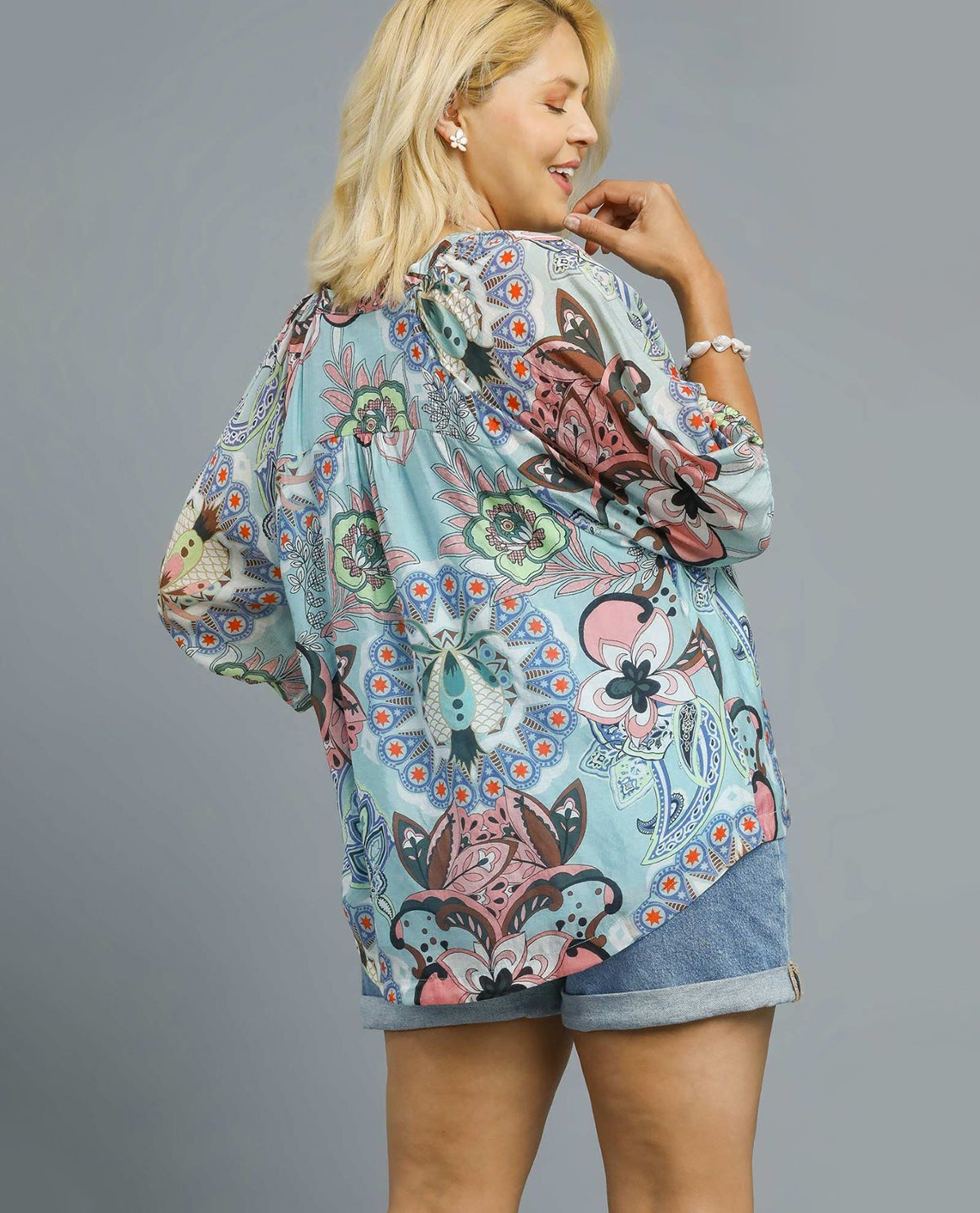 Plus Multi Paisley Floral Print Top with 3/4 Sleeves and Splitt Neckline