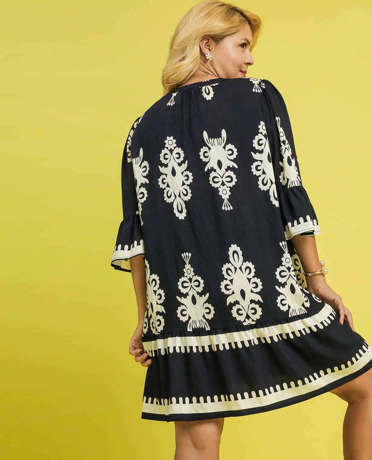 Plus Border Print Two-Tone Tiered Mini Dress