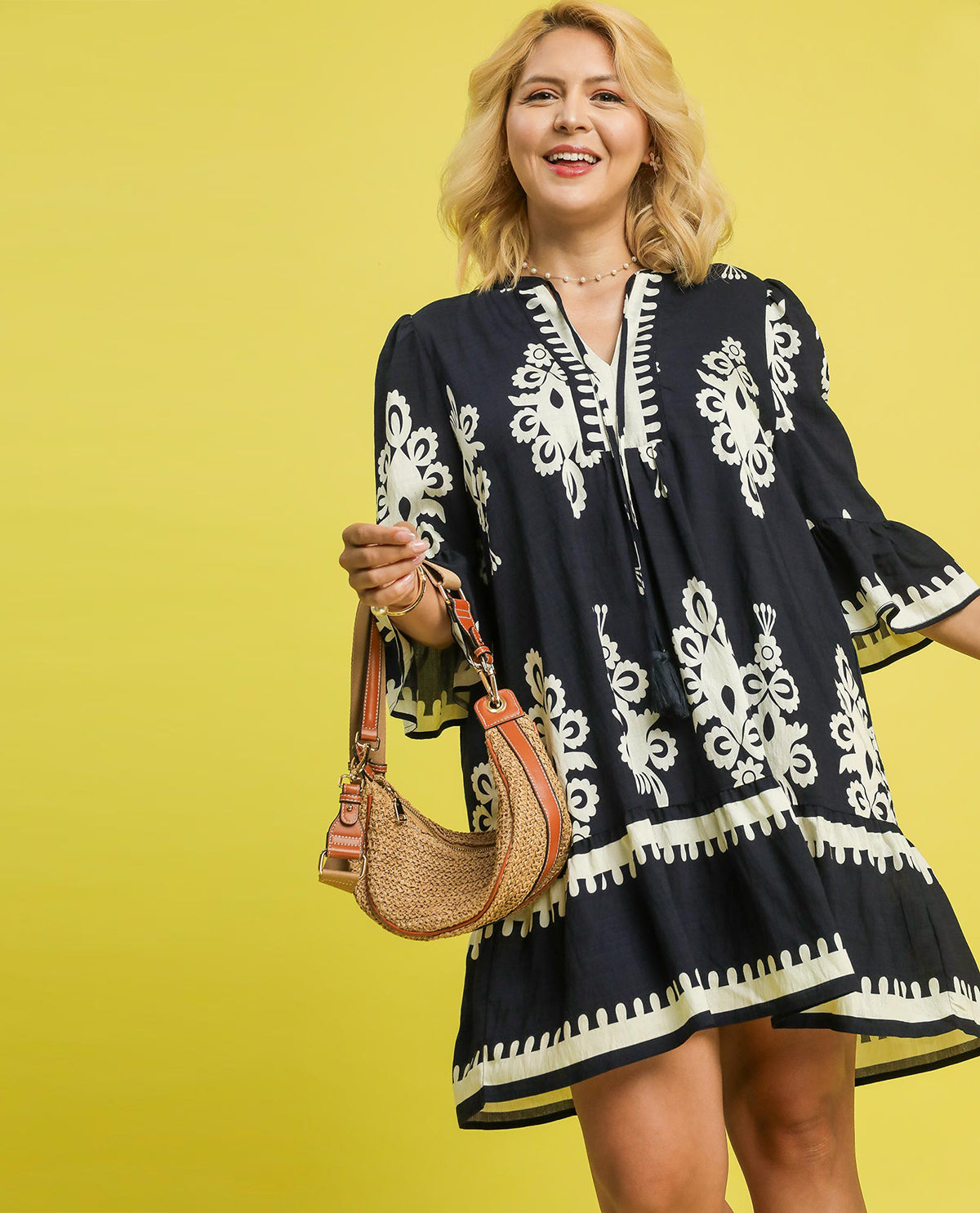 Plus Border Print Two-Tone Tiered Mini Dress