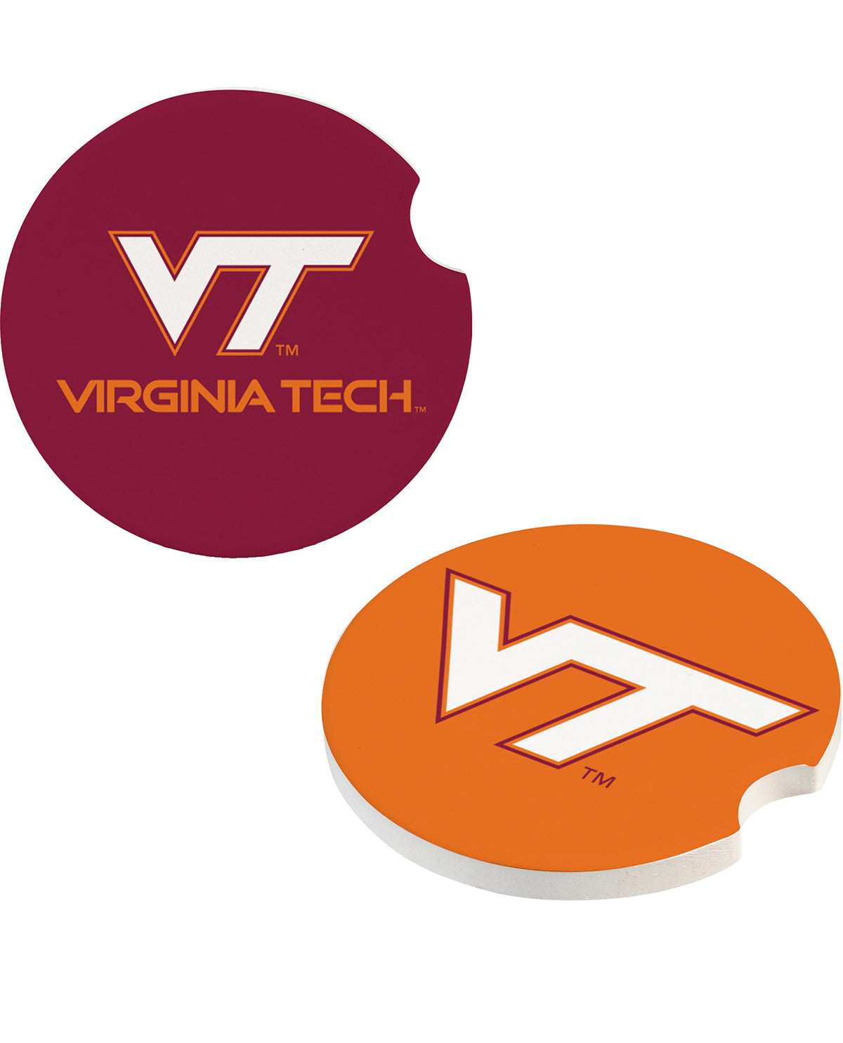 Two round coasters with bite-sized cutouts, one in maroon with a white and orange Virginia Tech VT logo and text, and one in orange with a white and maroon VT logo. Shown on a plain white background.