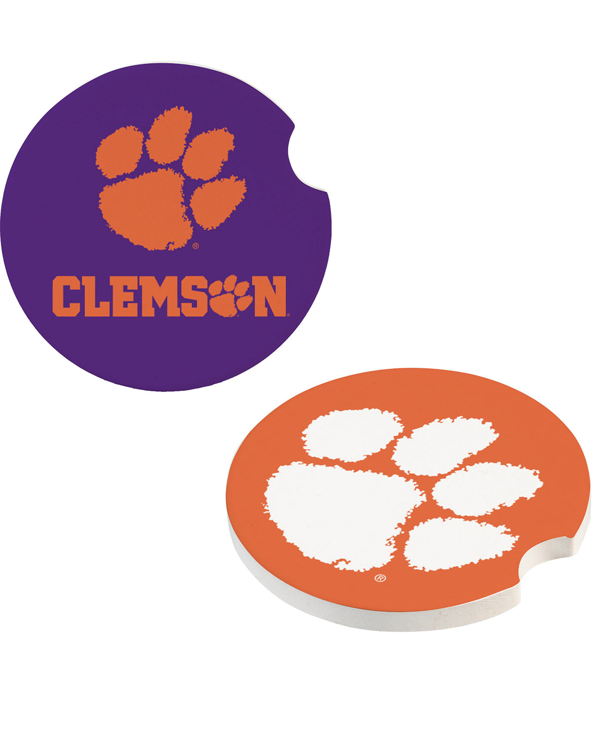 Two Clemson Tigers branded coasters on a white background, one purple with an orange paw print and 'CLEMSON' text, and one orange with a white paw print.