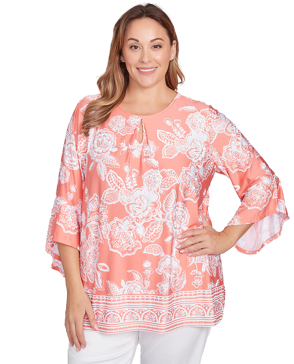Ruby Road Watercolor Dreams Puff Knit Top Papaya