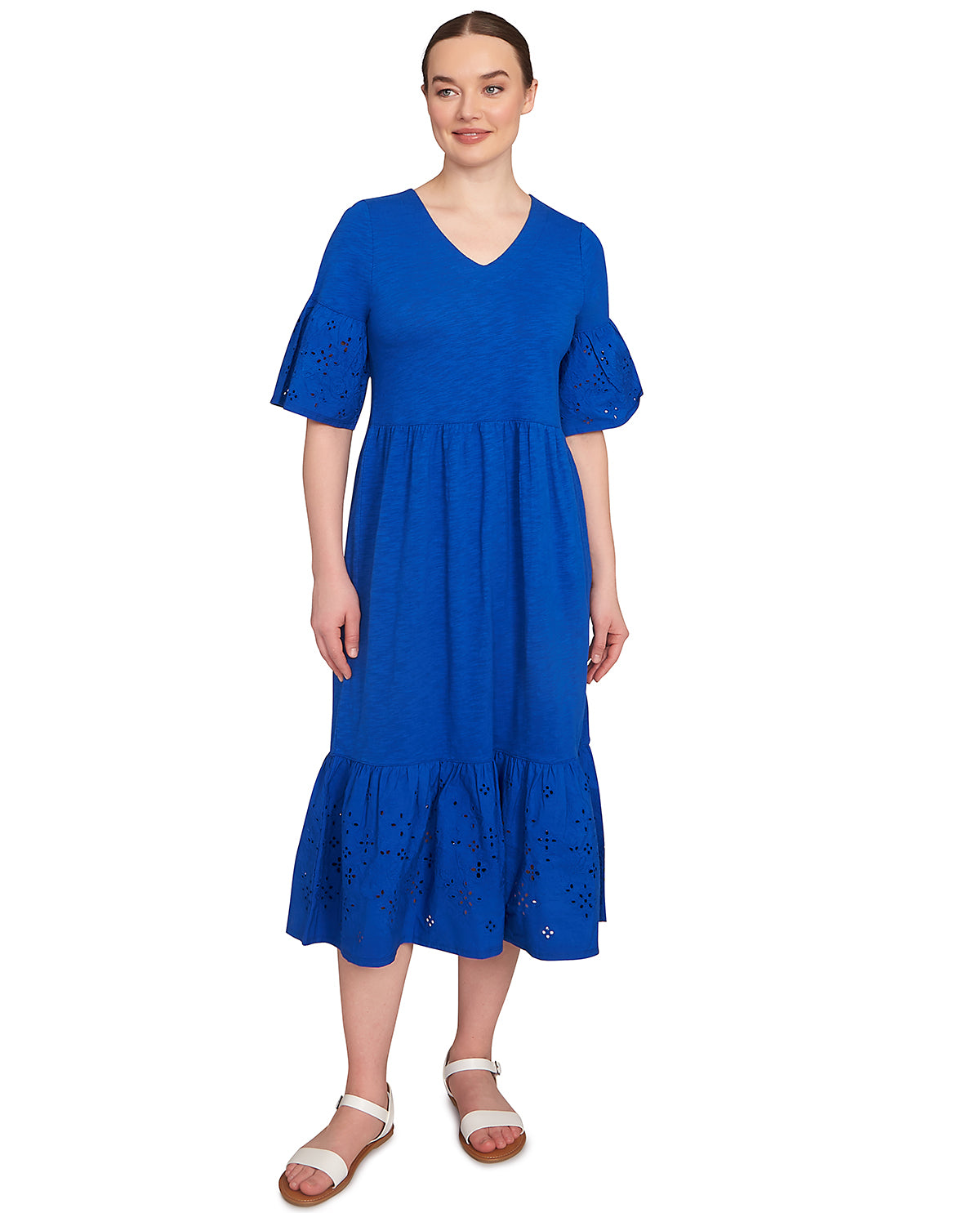 Ruby Road Tinted Tides Embroidered Solid Dress French Blue