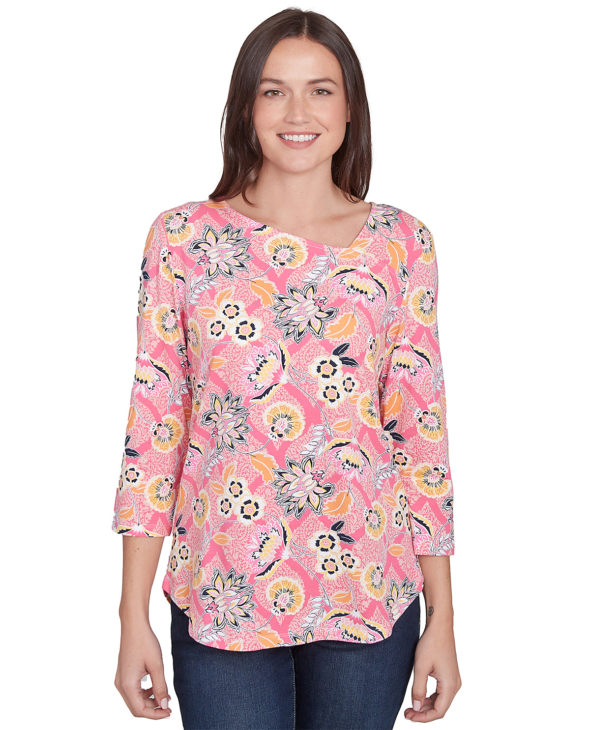 Ruby Road Petite Color Crush Medallion Knit Top Azalea