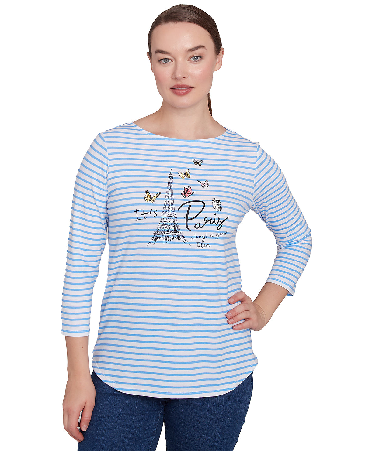 Ruby Road Petite Must Haves Paris Print Knit Top Bluebird