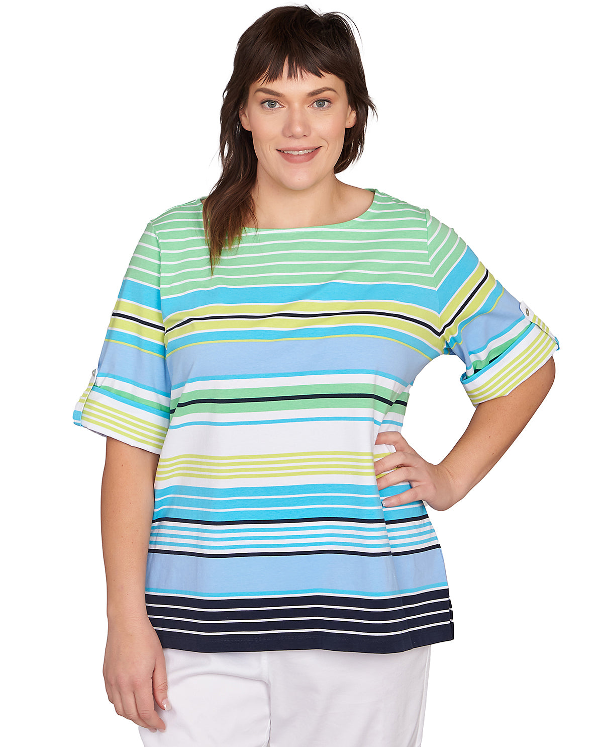 Ruby Road Puttin On The Prints Stripe Knit Top Chambray