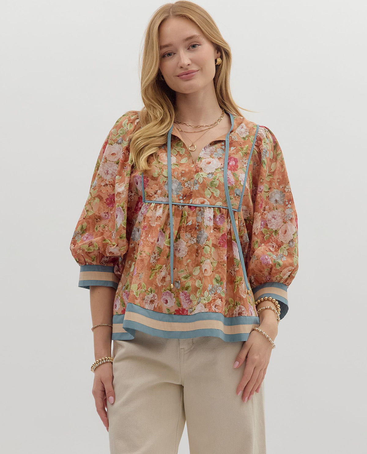 Abstract Boho Top with Striped Trim