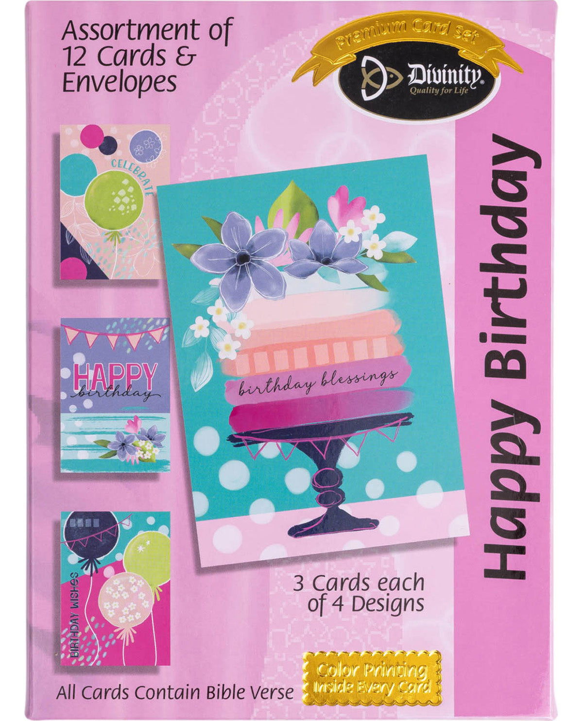 Packaging of birthday cards with envelopes featuring a cake design and 'Happy Birthday' text.