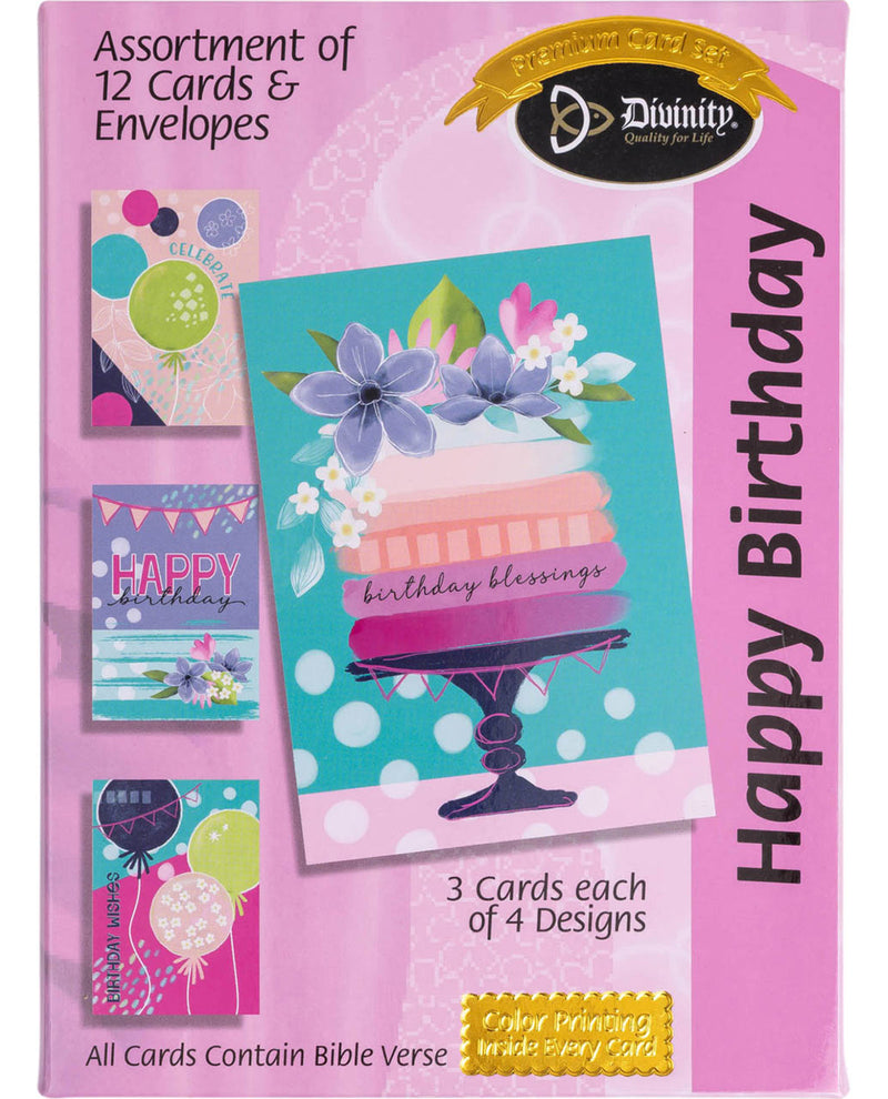 Packaging of birthday cards with envelopes featuring a cake design and 'Happy Birthday' text.