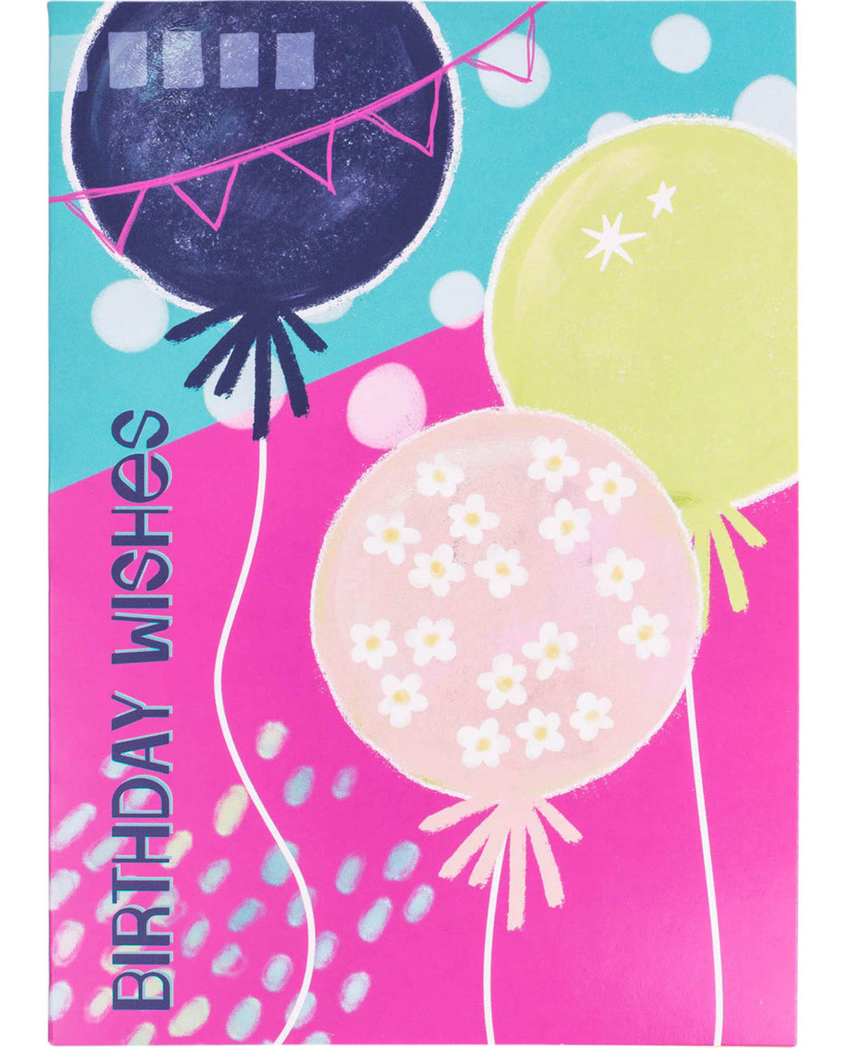 Colorful birthday card with balloons and 'Birthday Wishes' text on a blue and pink background.