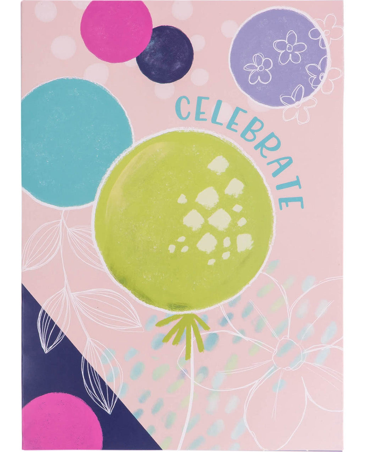 Notebook cover with colorful balloons and the word 'Celebrate' on a pink background