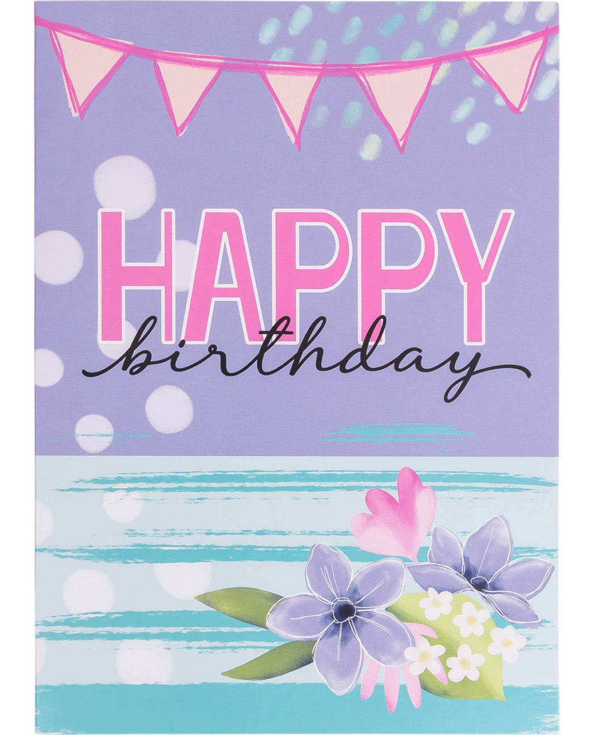 Happy Birthday card with pink and purple elements on a blue and white striped background