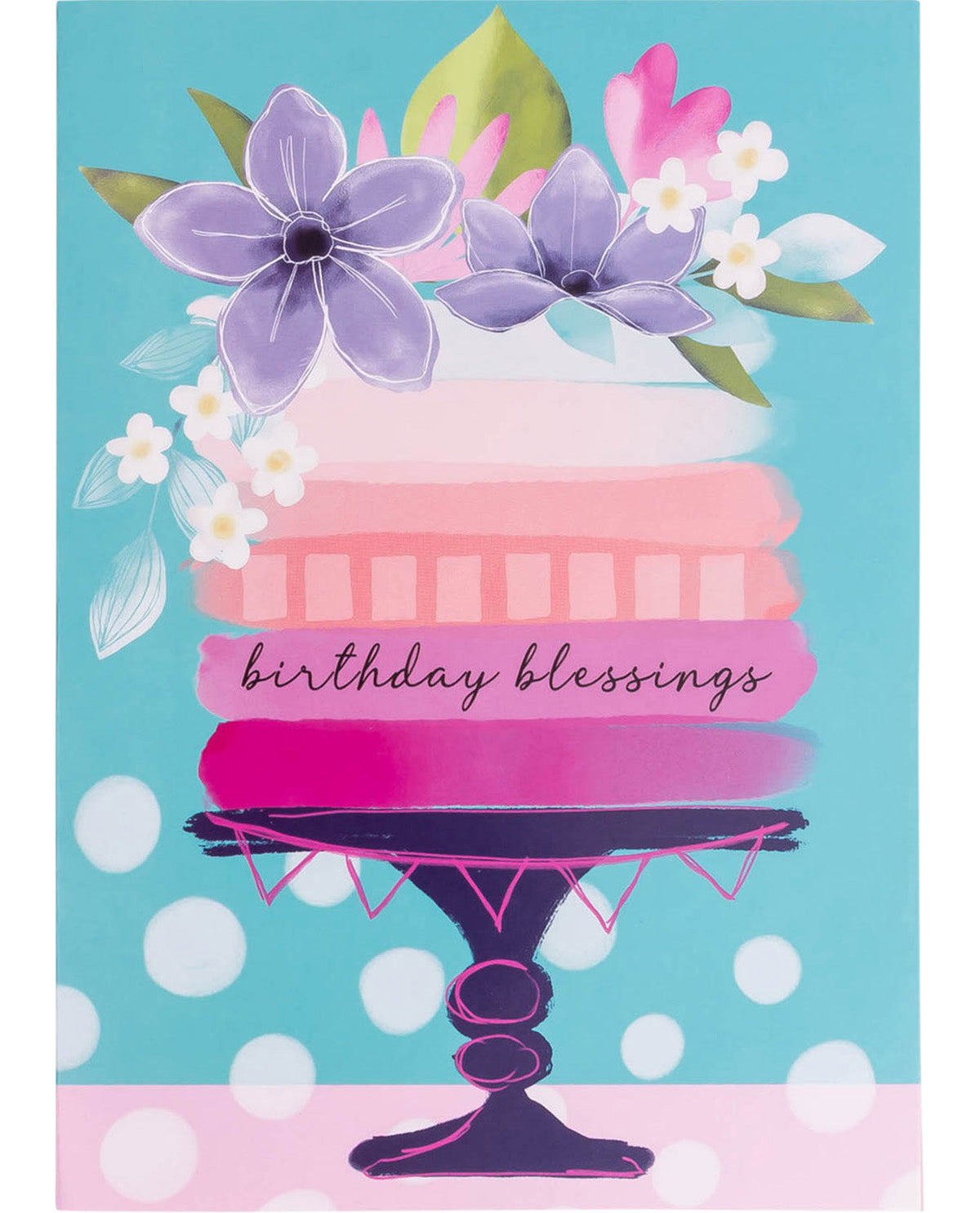 Card with a colorful cake illustration and flowers on a blue background