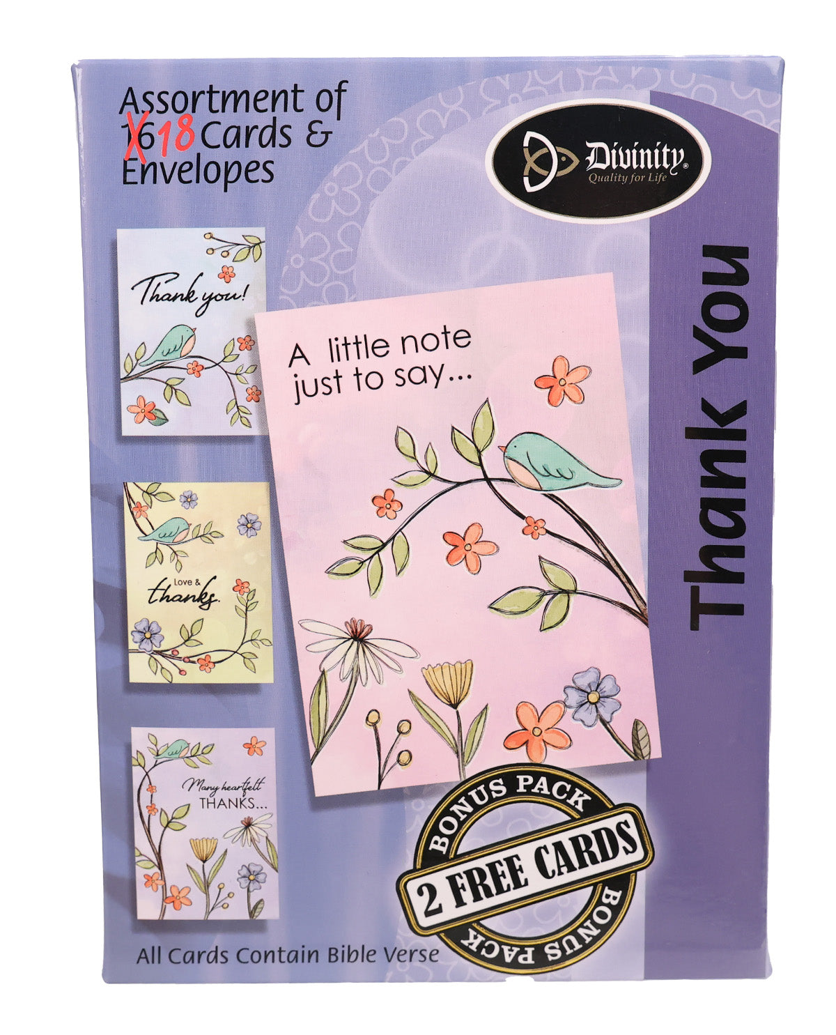 Divinity Publications thank you card assortment box featuring a lavender packaging design with sample floral thank you cards and a 'Bonus Pack 2 Free Cards' seal.