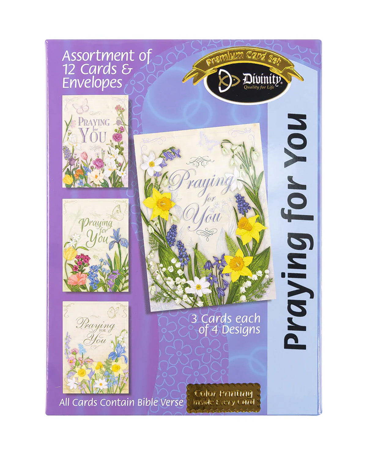 Assortment of 12 cards and envelopes with floral designs and Bible verses, branded 'Divinity'.