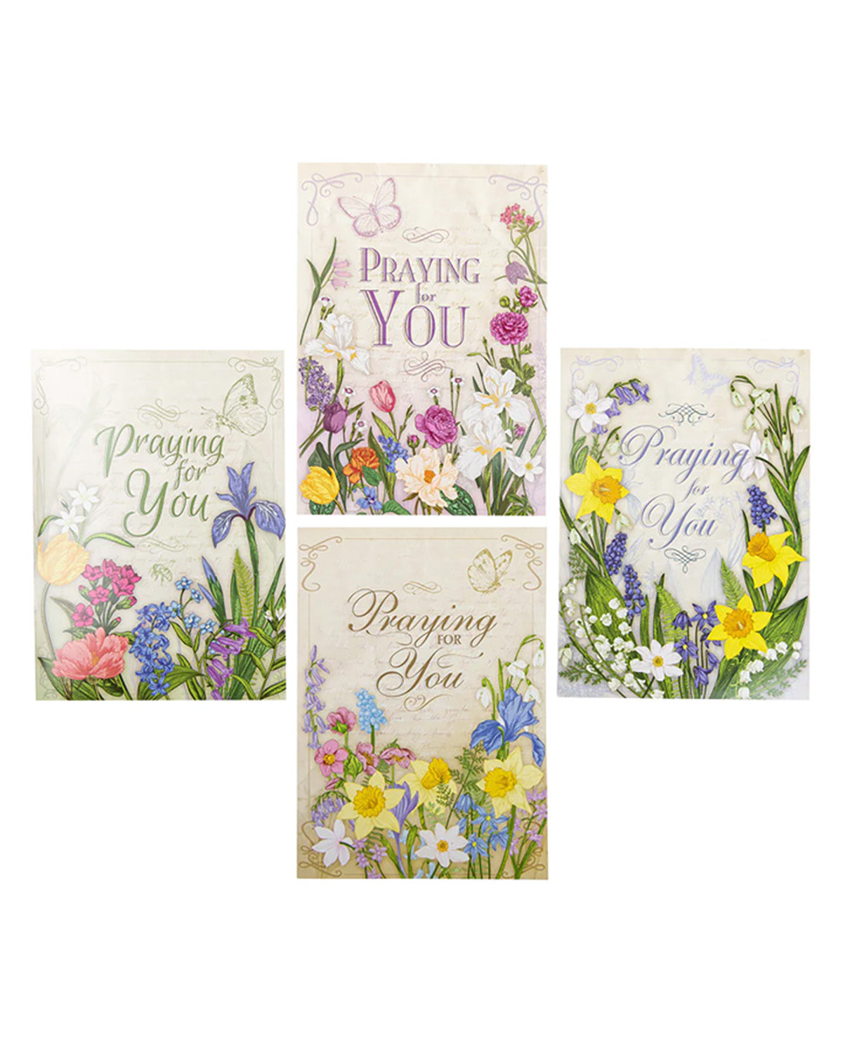 Set of five floral greeting cards with 'Praying for You' text on a white background