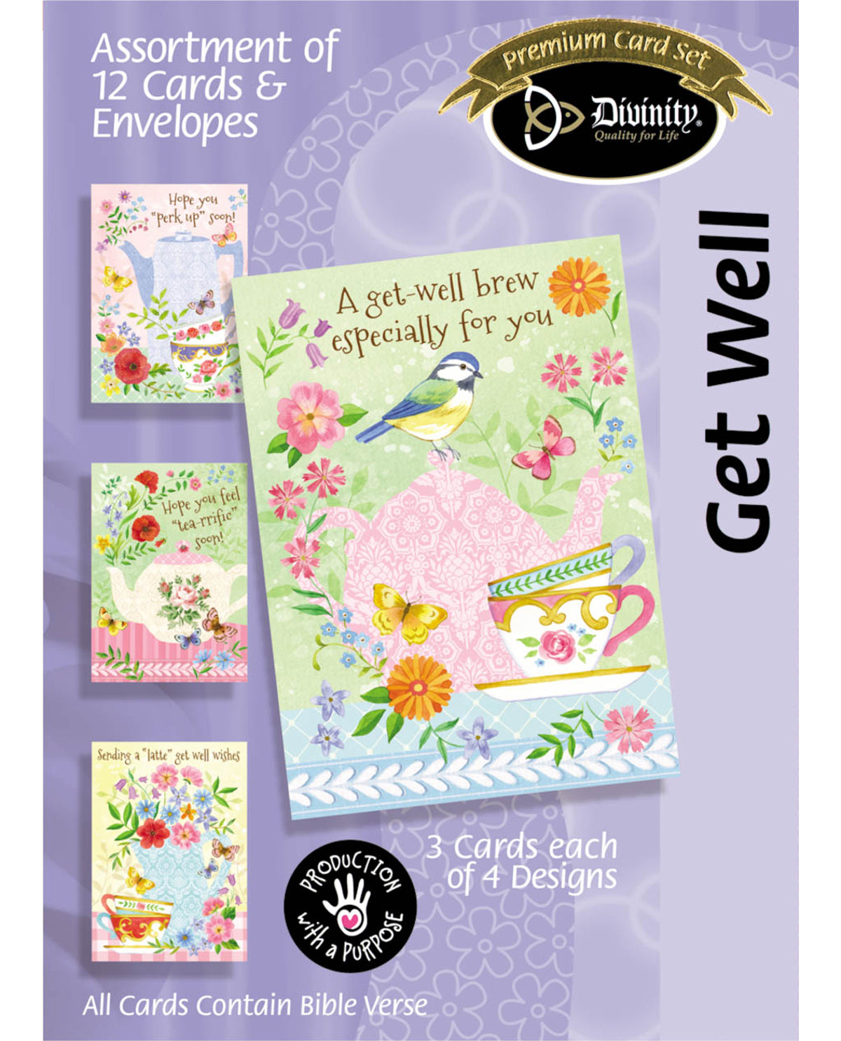 Assortment of 12 cards and envelopes with 'Divinity' branding on a purple background.