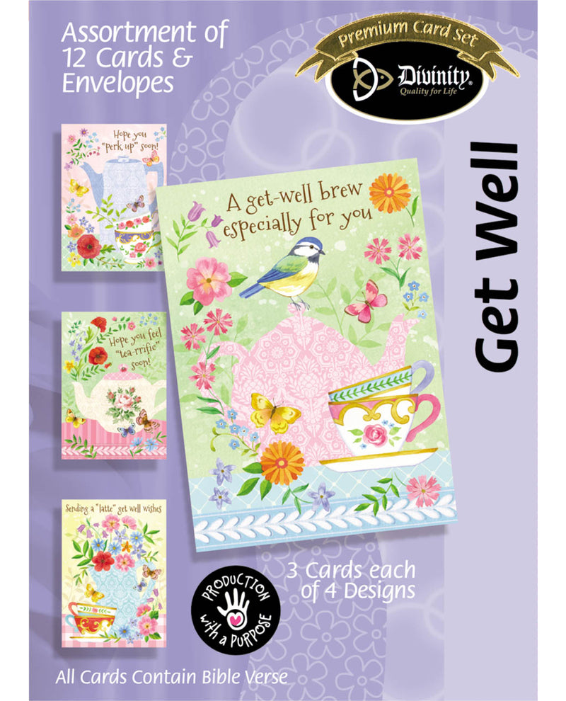 Assortment of 12 cards and envelopes with 'Divinity' branding on a purple background.