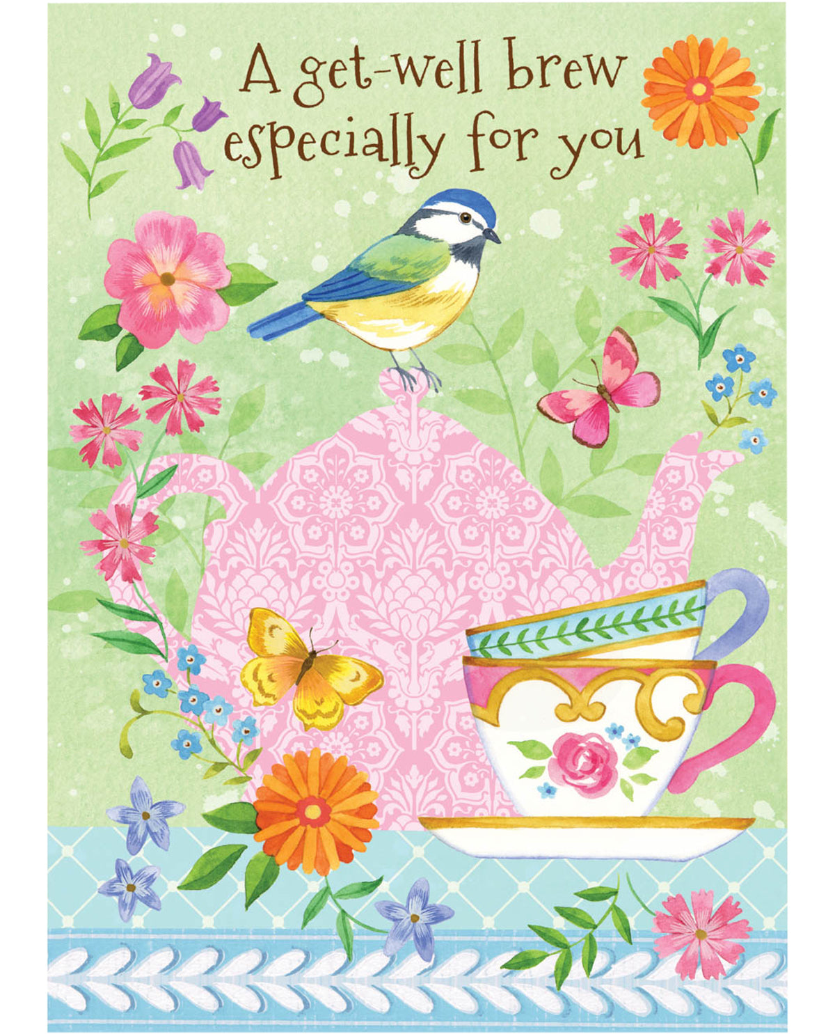 Greeting card with a teapot, flowers, and a bird on a green background