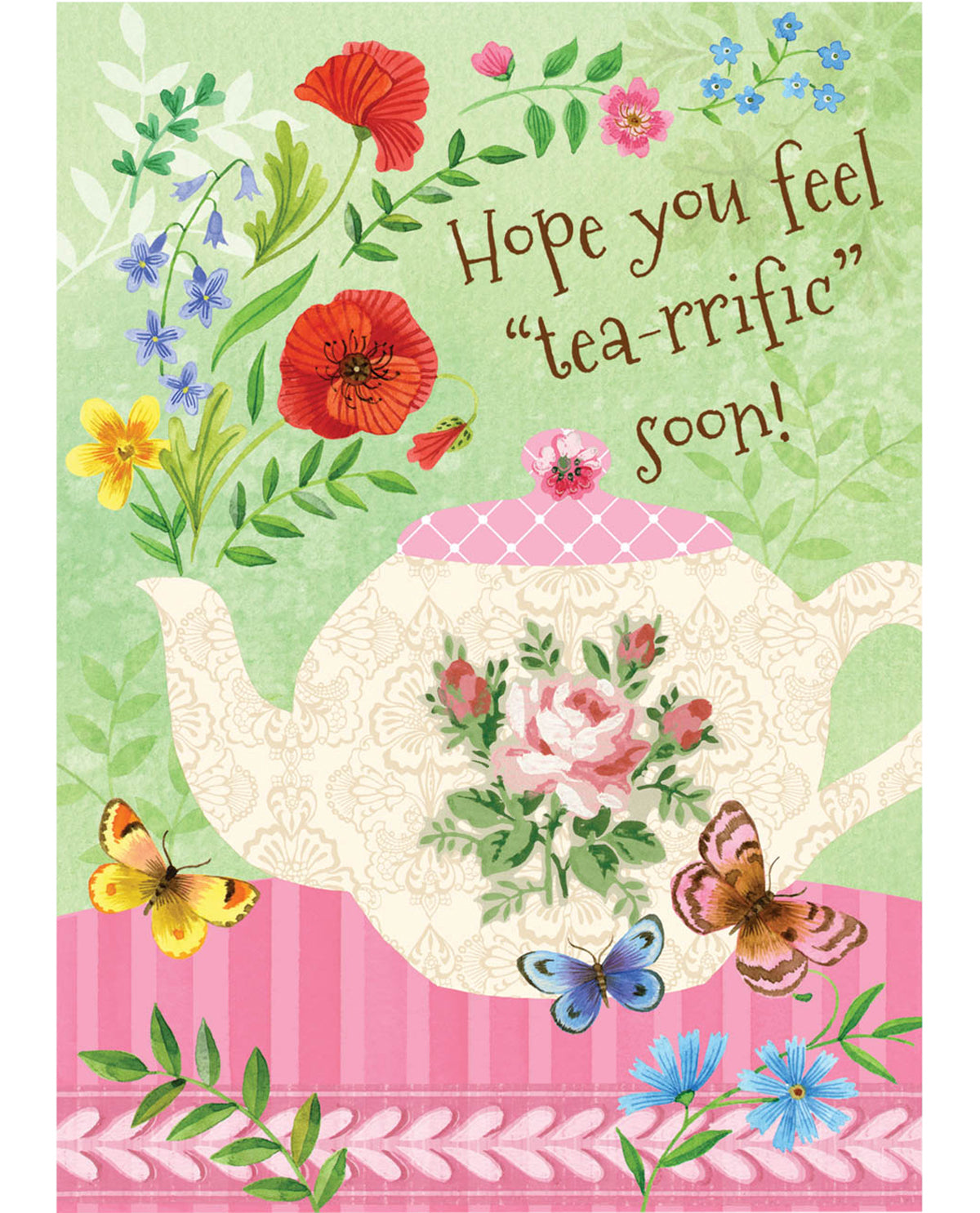 Card with a teapot design, flowers, and butterflies on a green background.