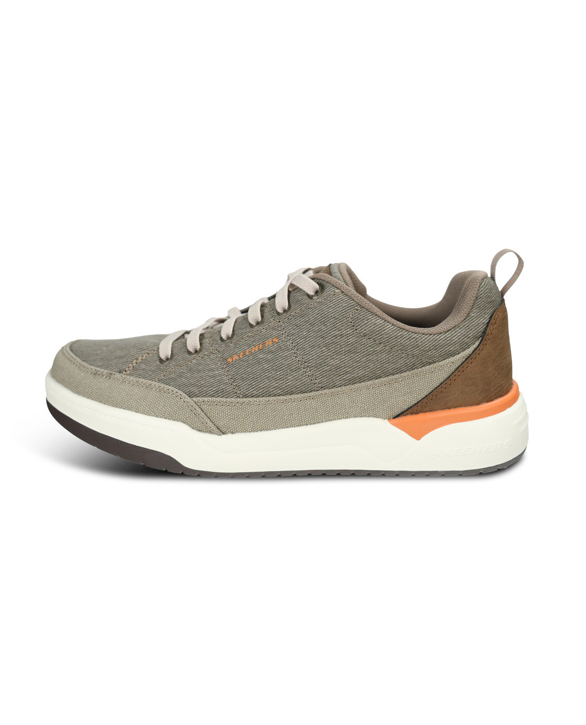 A low-top athletic sneaker in gray and brown with a white midsole and a bright orange accent on the heel, shown from a side profile on a white background.