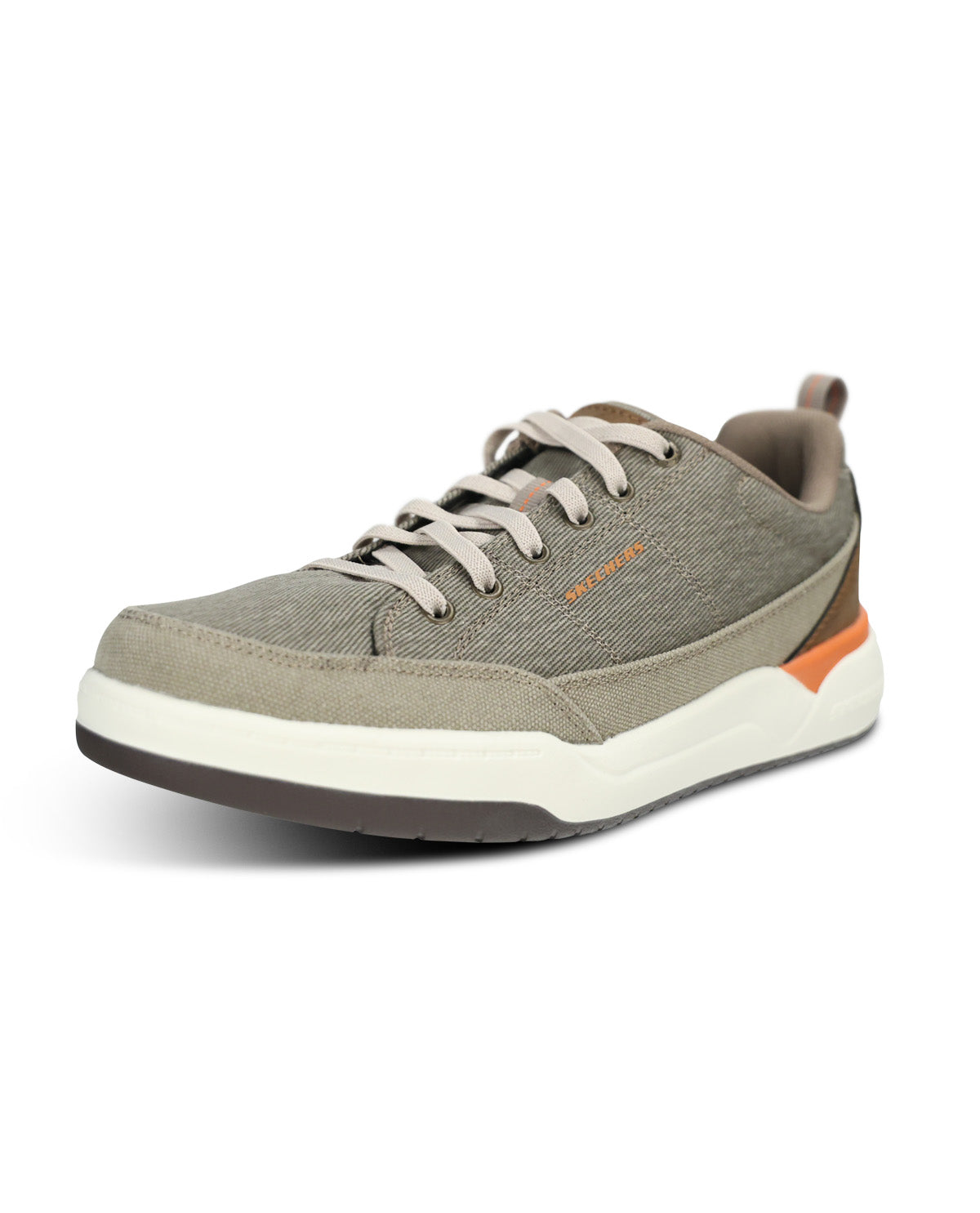A single low-top athletic shoe in a textured gray fabric, featuring gray laces, a thick white midsole with a dark gray outsole, and a small orange accent on the heel.