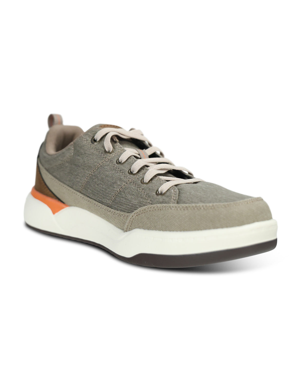 A low-top sneaker in a textured gray suede and canvas mix, featuring beige laces, a thick white midsole with a dark gray outsole, and a small orange accent on the heel.