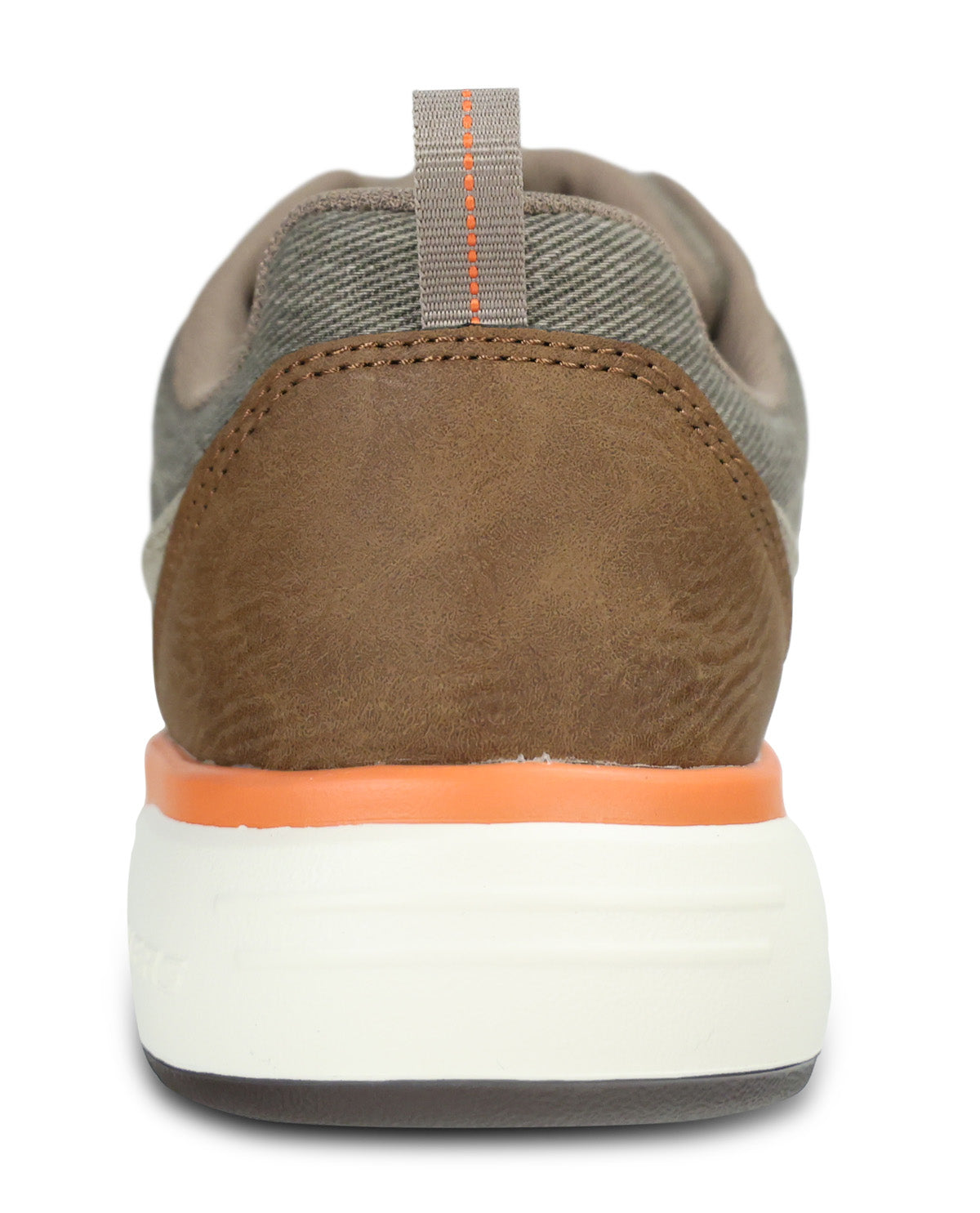 A close-up rear view of a casual sneaker featuring a brown suede heel counter, a gray canvas upper, an orange accent ring around the white midsole, and a gray pull tab with an orange stitch.