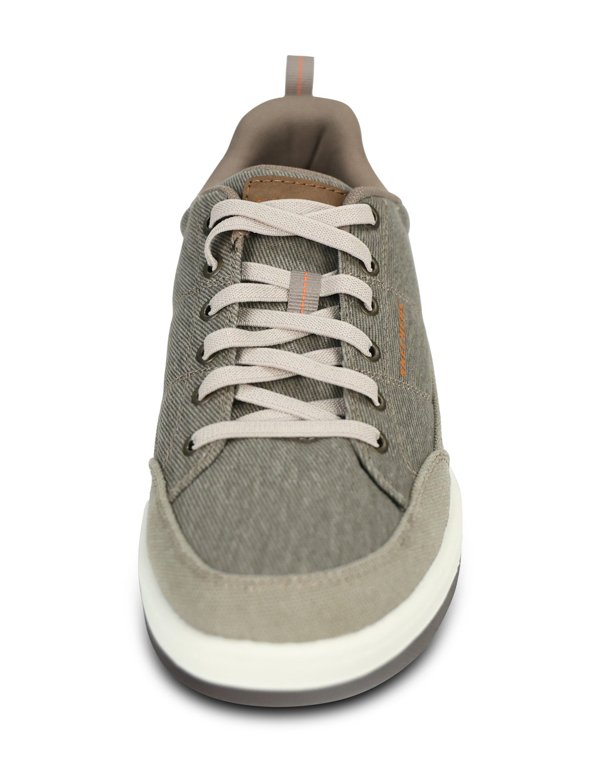 A single low-top sneaker shown from a front-facing perspective on a white background. The shoe features a textured gray canvas upper, light beige laces, a beige pull tab, and a thick white and gray sole.