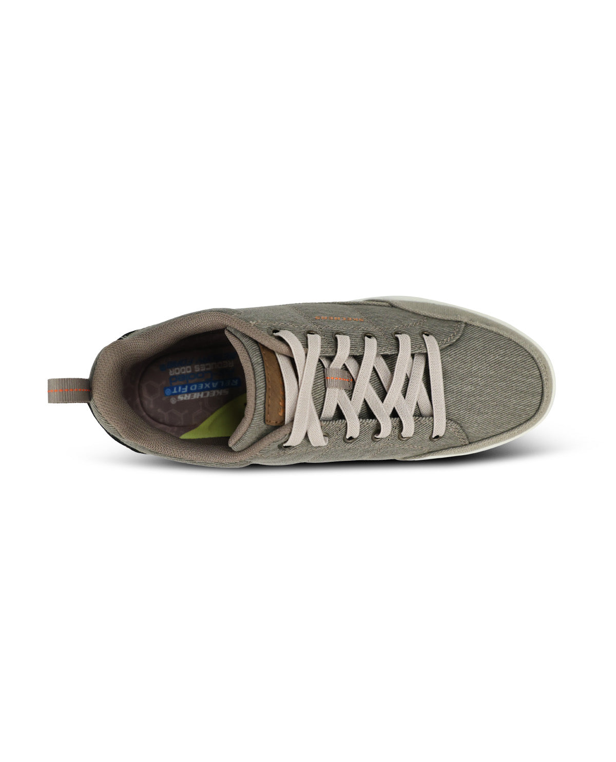 A low-top sneaker shown from a side profile view against a plain white background. The shoe features a heathered gray fabric upper, off-white laces, a light beige rubber sole, and a small pull tab on the heel.