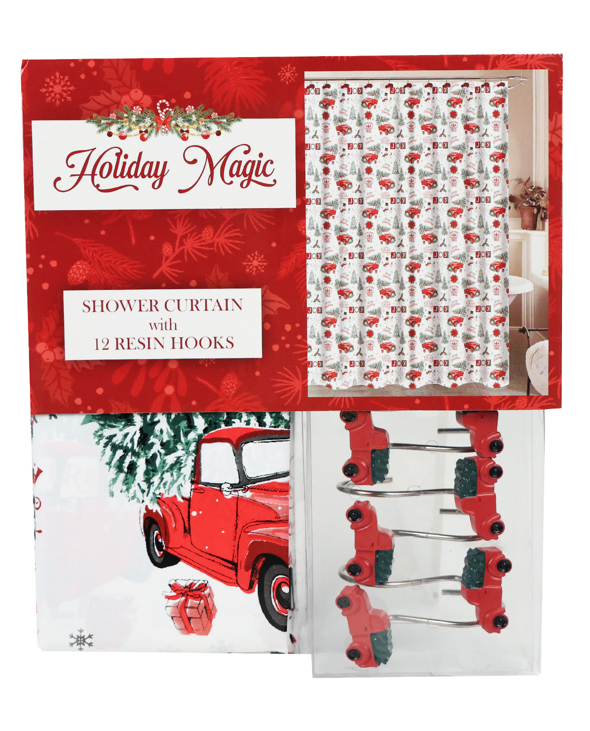 Holiday Magic Christmas Shower Curtain & Truck Resin Hook Set