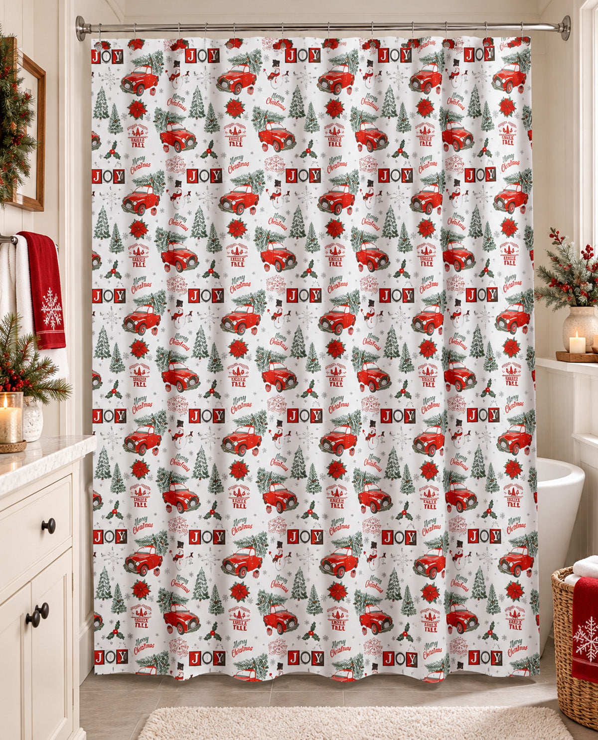 Holiday Magic Christmas Shower Curtain & Truck Resin Hook Set