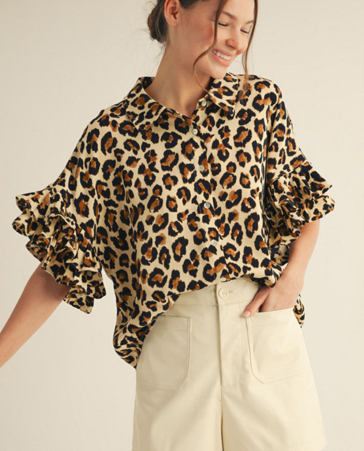 Leopard Print Blouse with Ruffle Sleeves