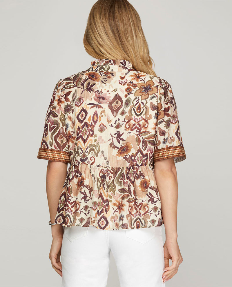 Floral Print Top with Striped Trim Sleeves