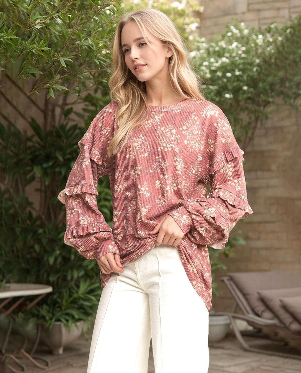 Marsala Floral Ribbed Top with Ruffle Sleeves