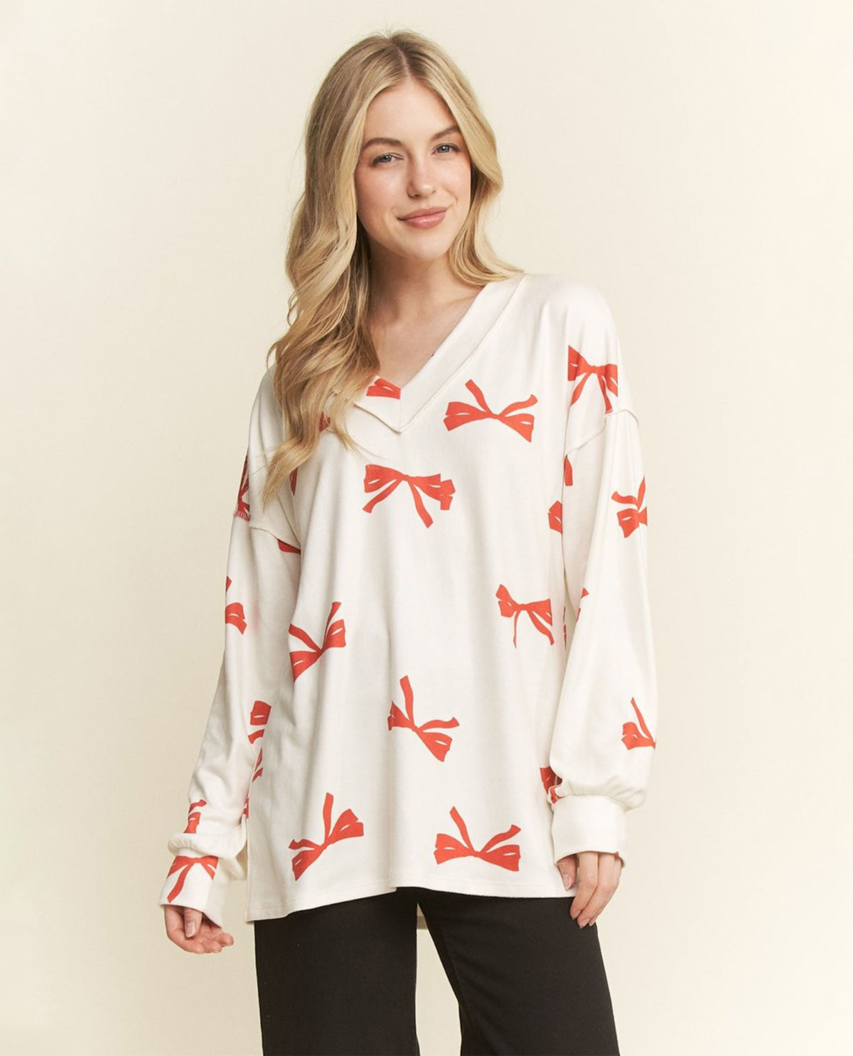 V-Neck Red Bow Print Top