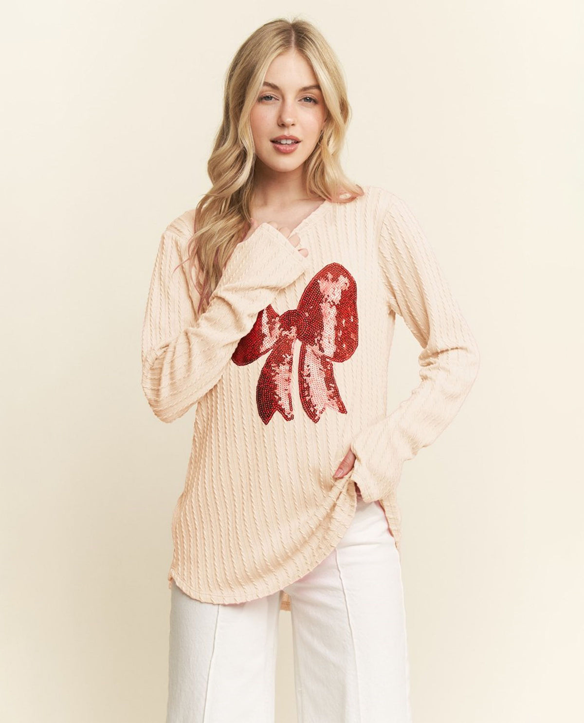 Natural Ribbed Top with Bow Patch