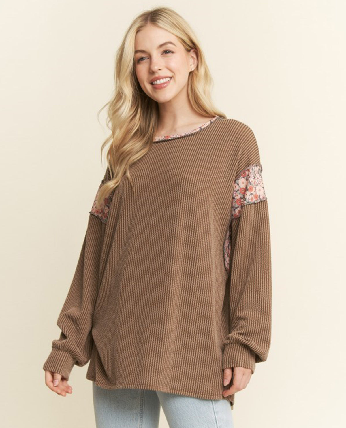 Solid Camel Ribbed Top with Floral Insert Sleeves